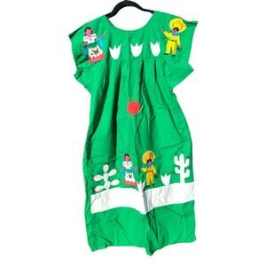 Handmade Mexican Puebla Green Embroidered Villagers Cacti Peasant Dress Tunic XL